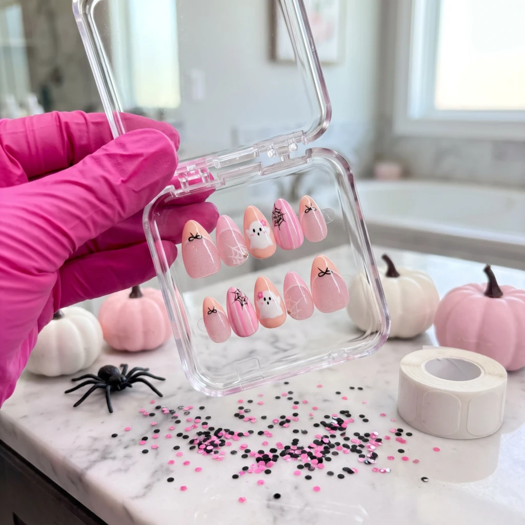 Pink Ghost And Spider Web Prints, Press On Nails, Cute Halloween Manicure