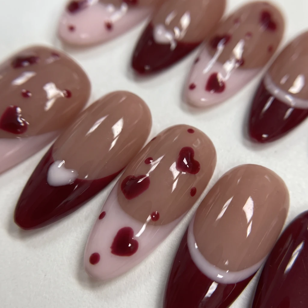 Burgundy And Pink Heart Patterns, Almond Press On Nails, Valentine’s Day