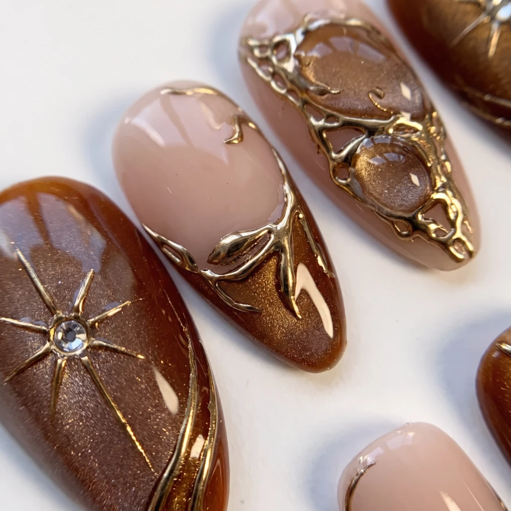 Amber Cat Eye + 3D Gold Chrome Stars, Almond Press On Nails, Fall Party Wear