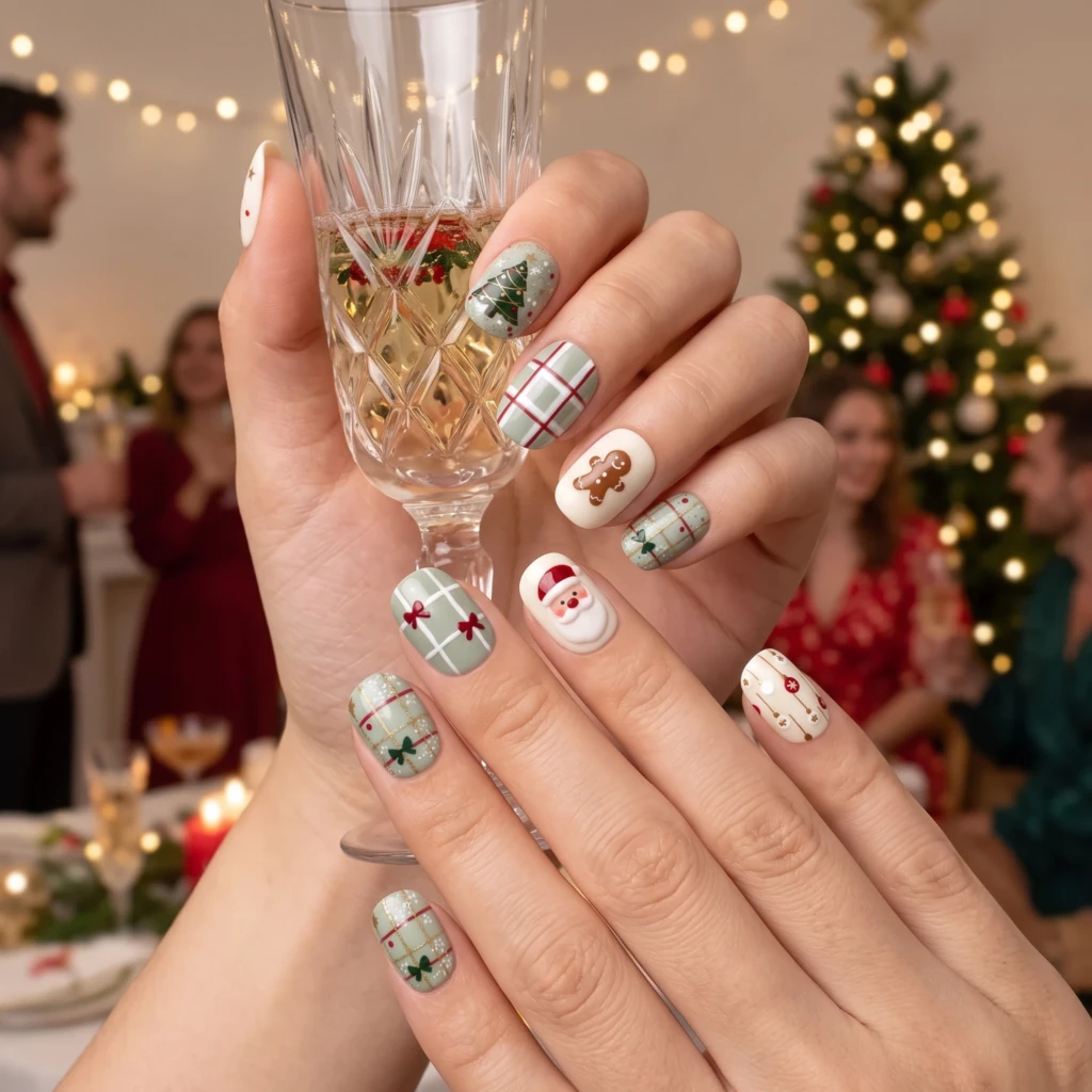 Sage Green Plaid Santa Christmas Tree, Short Press On Nails, Holiday Party