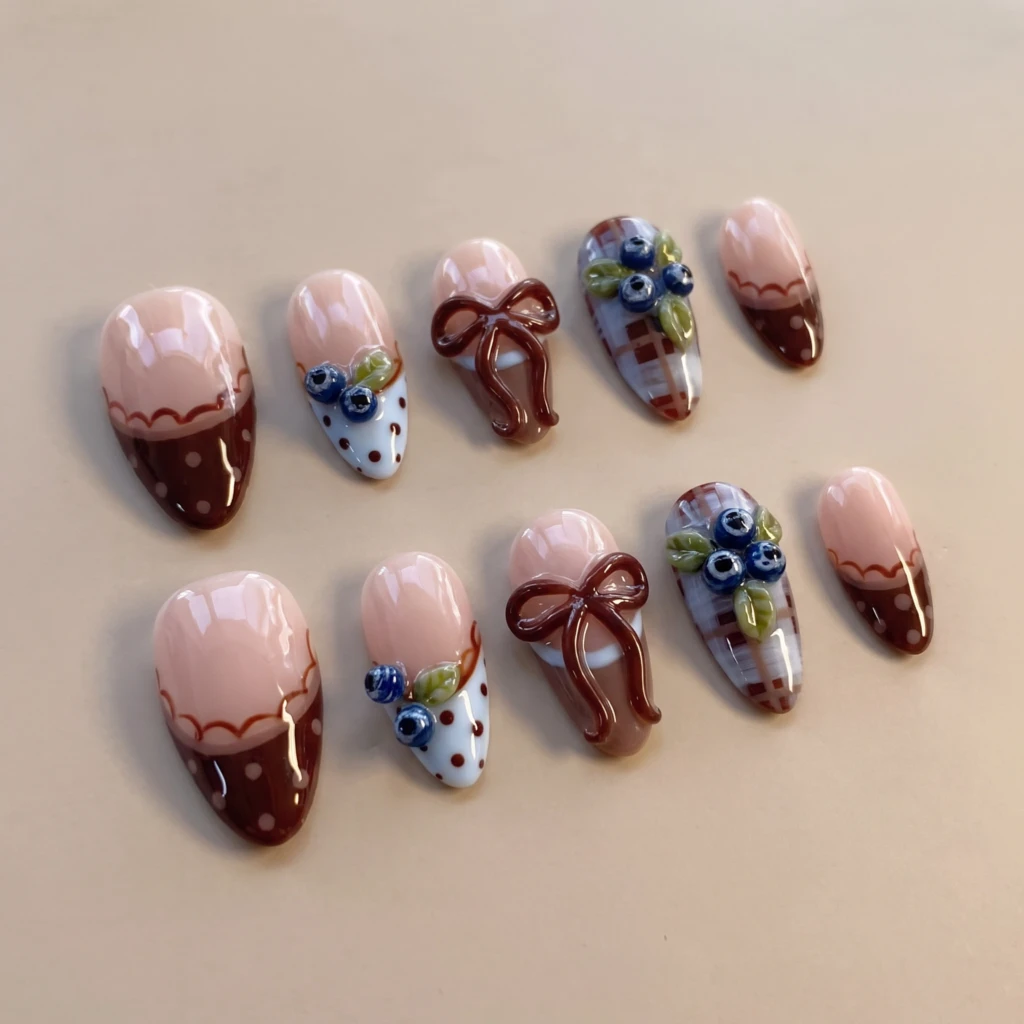 Chocolate Brown Plaid Blueberry Bow, Almond Press On Nails, Fall Daily Wear
