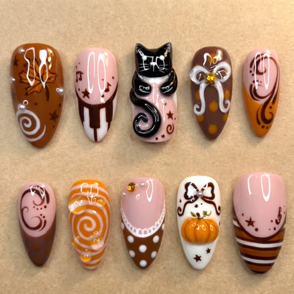 Brown Pink Cute Cat And Pumpkin, Coquette Press On Nails, Fall Halloween Gift