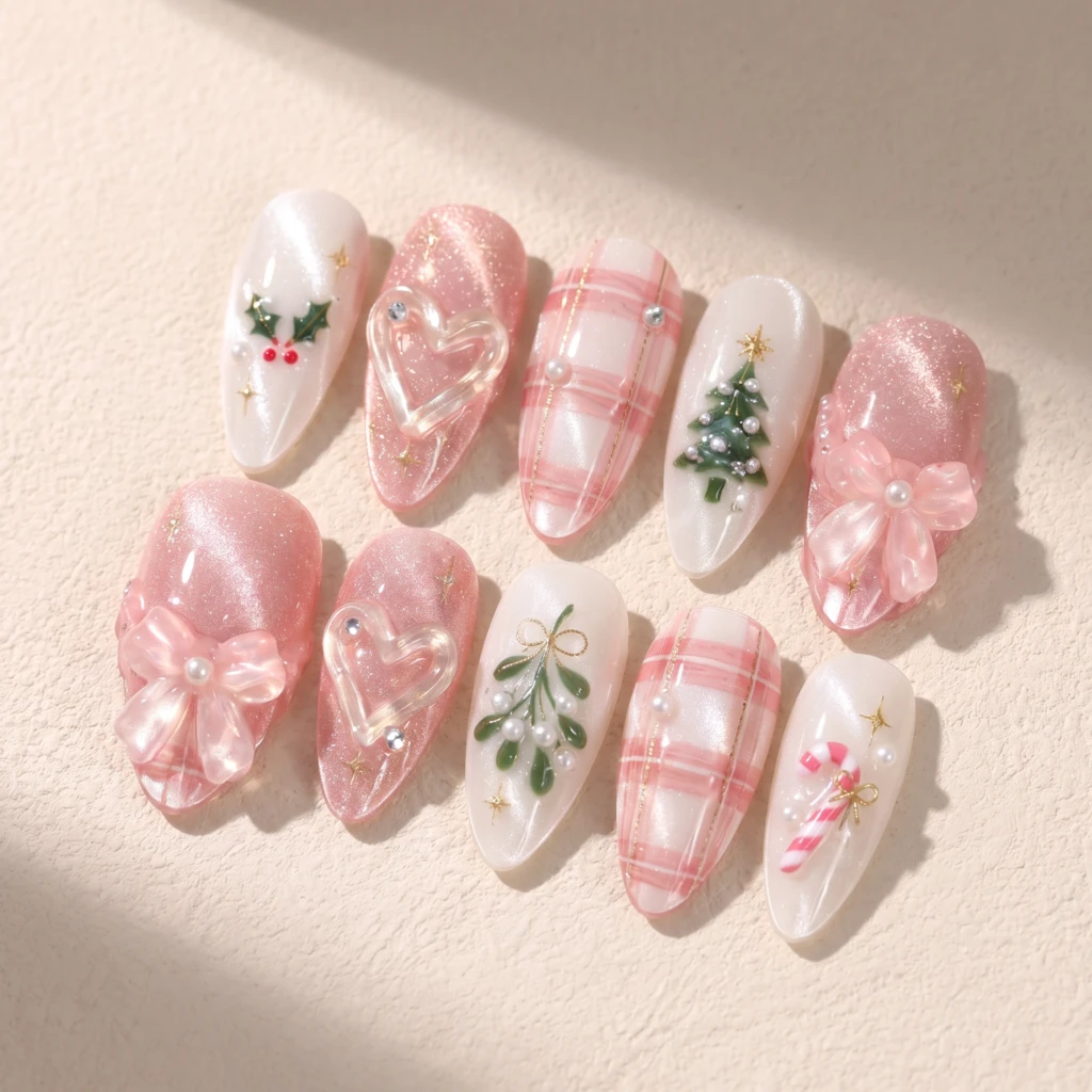 Pink Christmas Bow And Plaid Art, Cat Eye Press On Nails, Holiday Manicure
