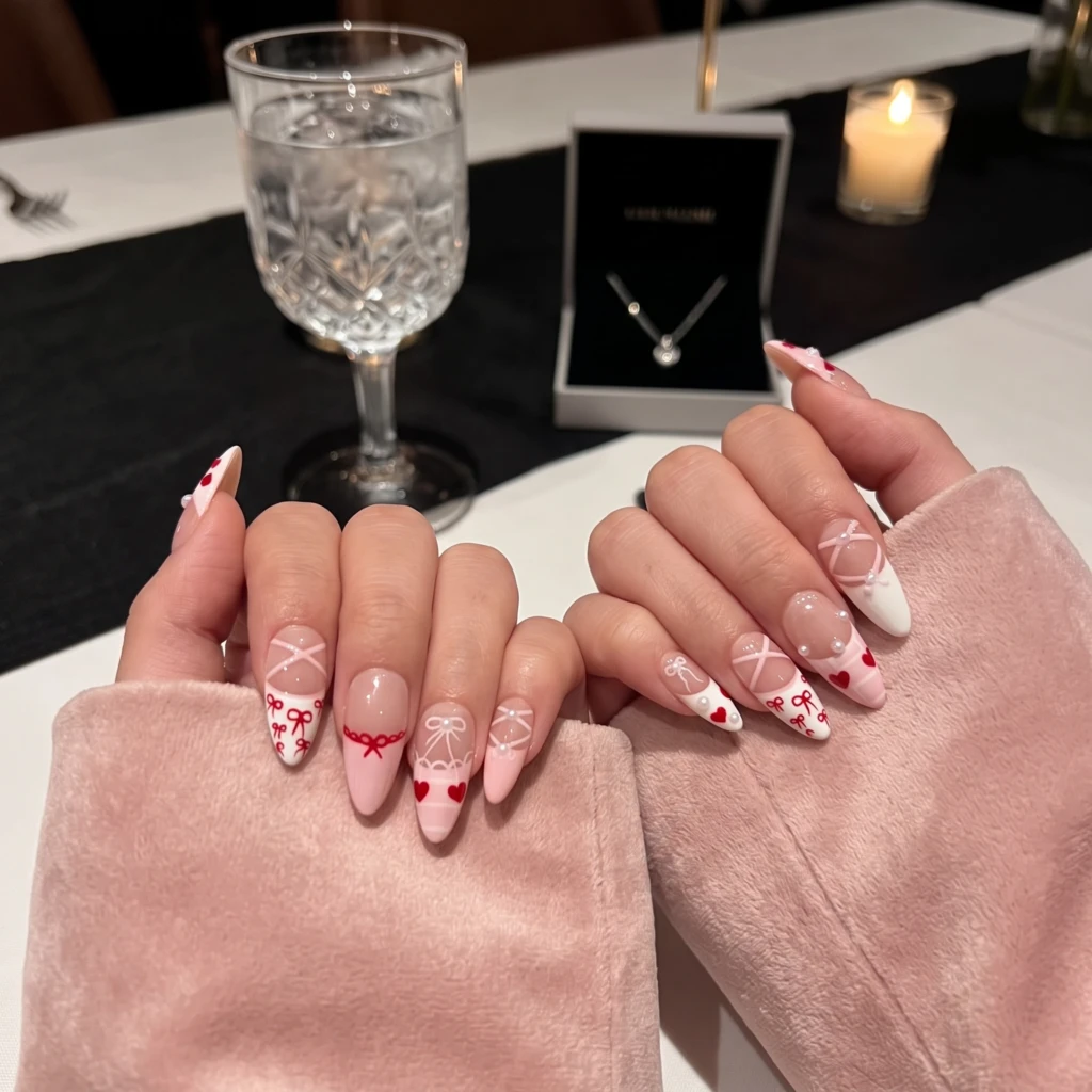 Pink Heart And Ribbon Bow Accent, Almond Press On Nails, Romantic Date Night