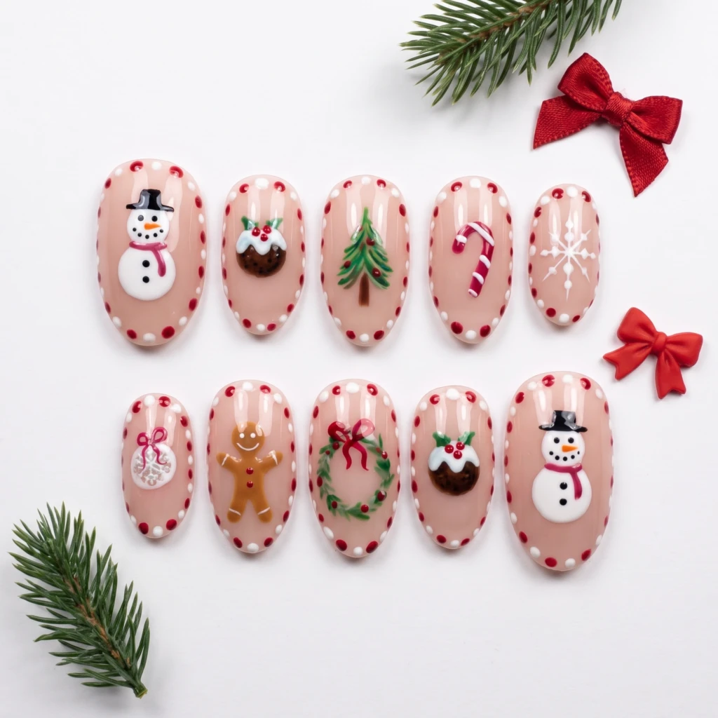 Nude Christmas Dotted Festive Art, Oval Press On Nails, Holiday Party Wear