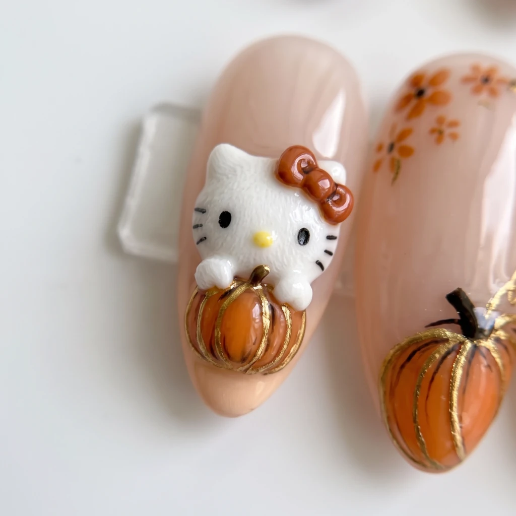 Orange 3D Kitty Pumpkin Accents, Press On Nails, Cute Autumn Daily Wear
