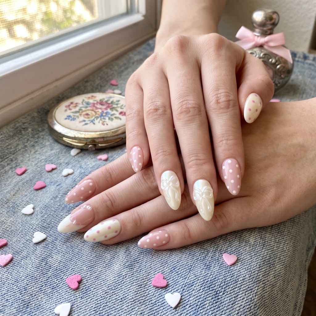 Pink 3D Bow And Polka Dot, Medium Almond Press On Nails, Daily Party Wear