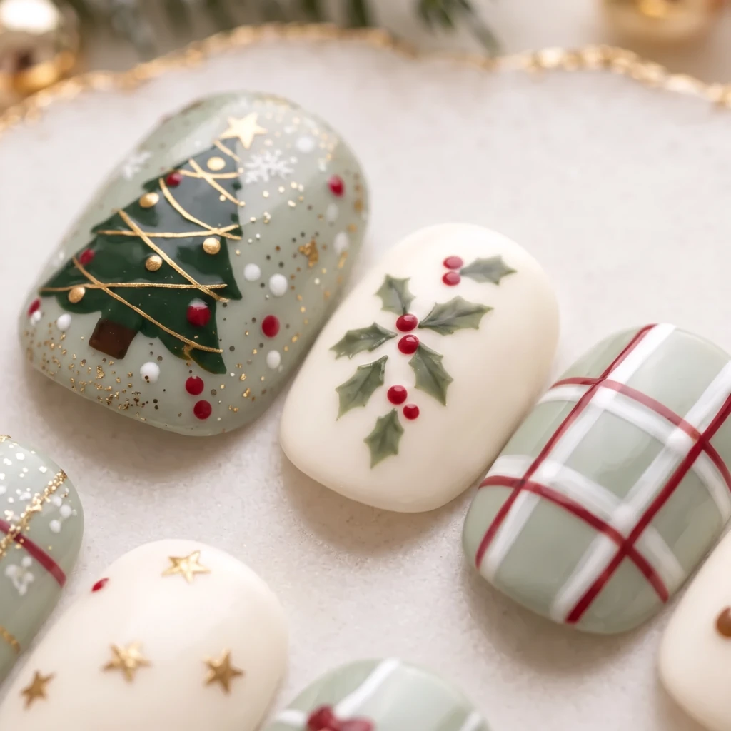 Sage Green Plaid Santa Christmas Tree, Short Press On Nails, Holiday Party