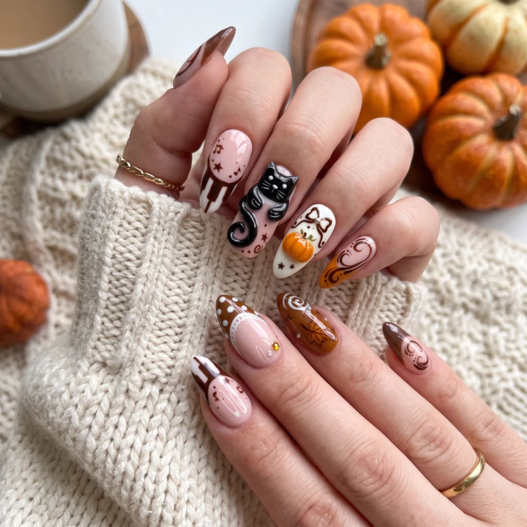 Brown Pink Cute Cat And Pumpkin, Coquette Press On Nails, Fall Halloween Gift