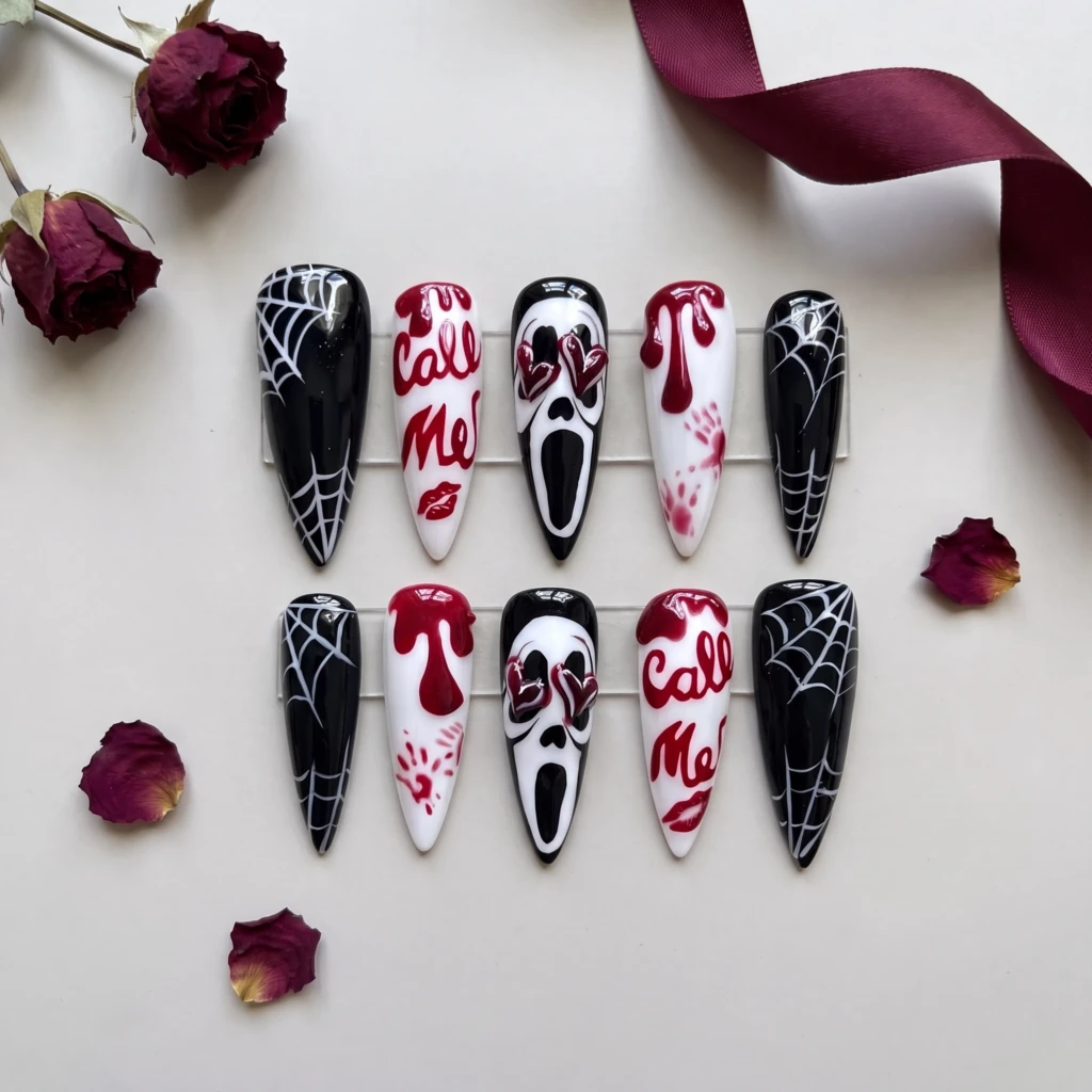 Black And Red Scream Ghostface Art, Press On Nails, Halloween Party Costume