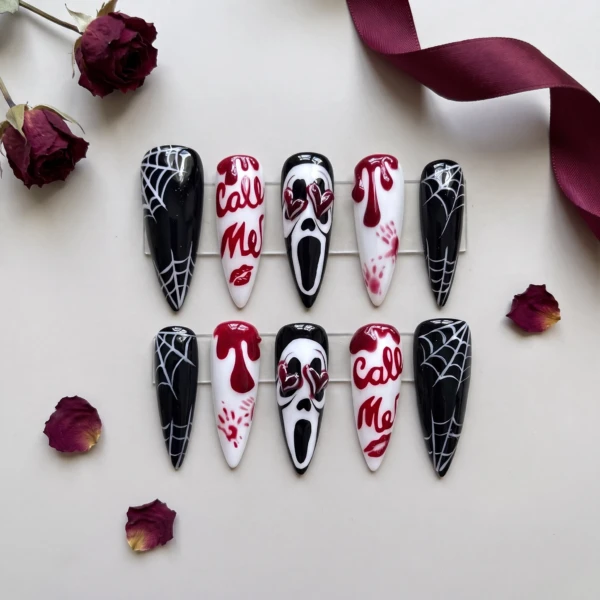 Black And Red Scream Ghostface Art, Press On Nails, Halloween Party Costume