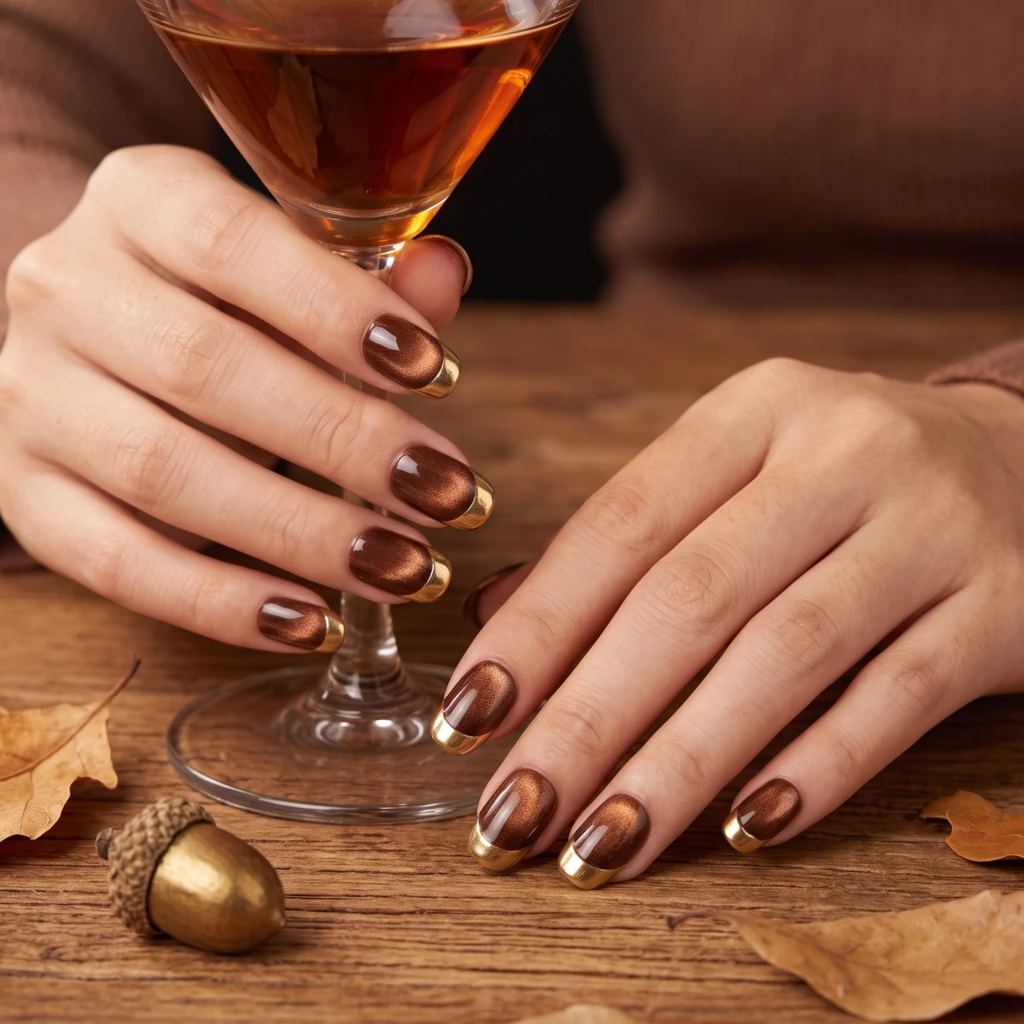 Brown Cat Eye Gold Chrome French Tips, Press On Nails, Autumn Party Wear