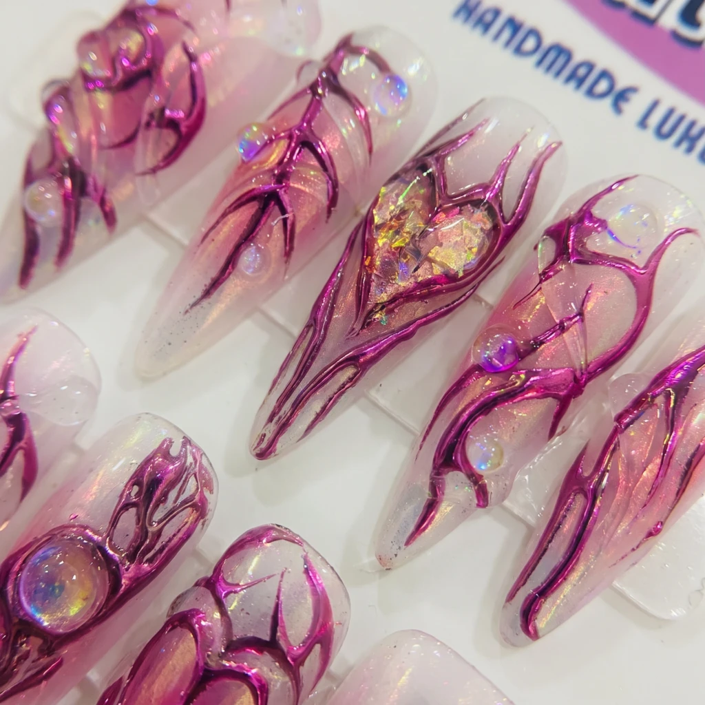 Pink 3D Chrome Heart Tribal Flame, Stiletto Press On Nails, Valentine Gift Idea
