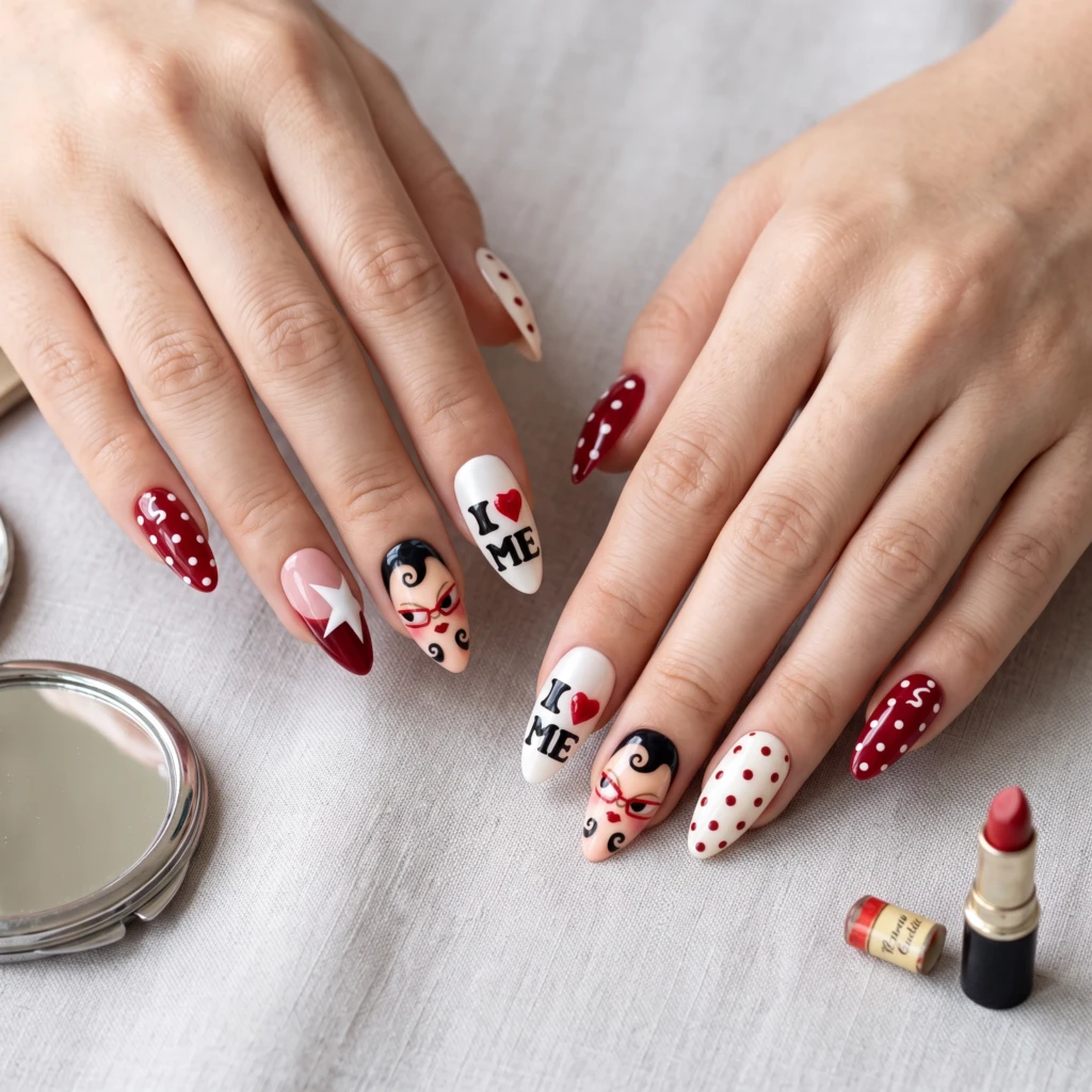 Red And White Retro Graphic Pinup Art, Press On Nails, For Everyday Fashion