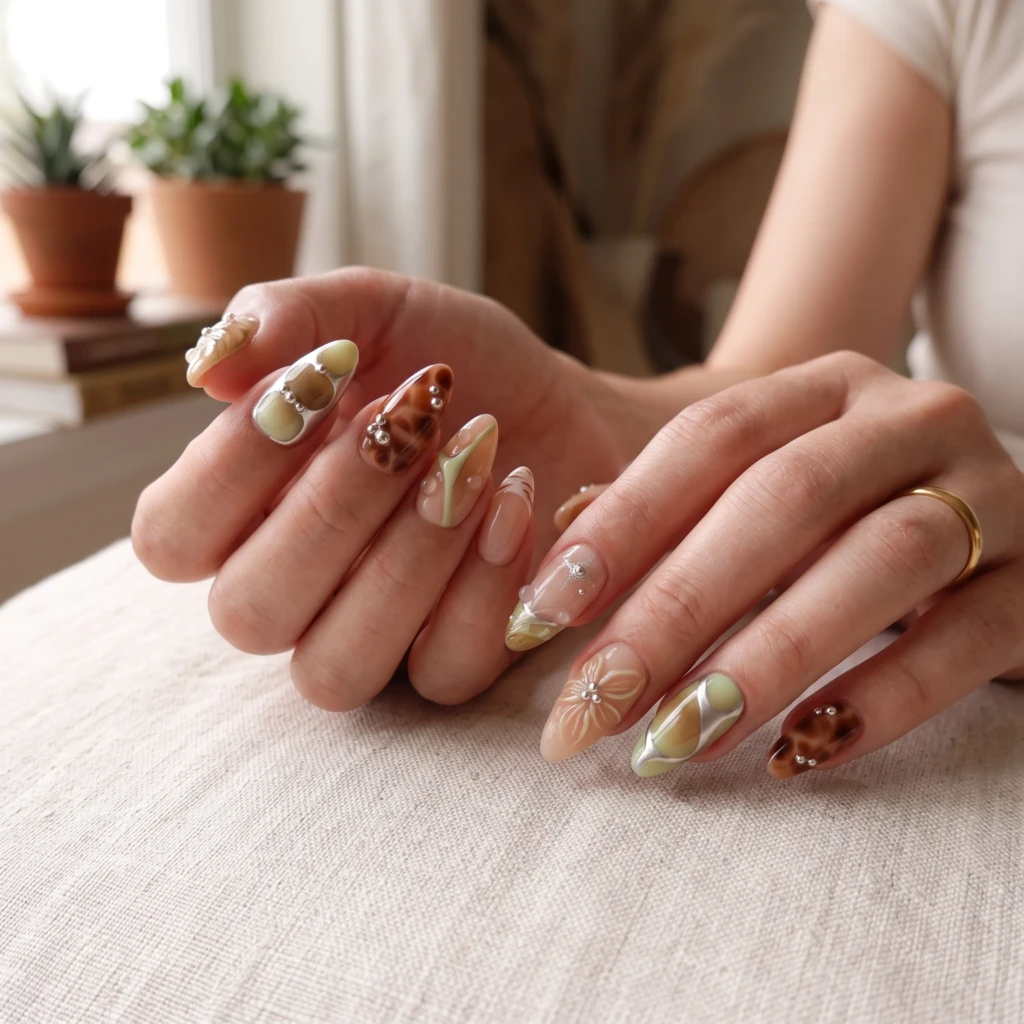 Olive Green Tortoiseshell Floral, Press On Nails, Special Occasion Wear
