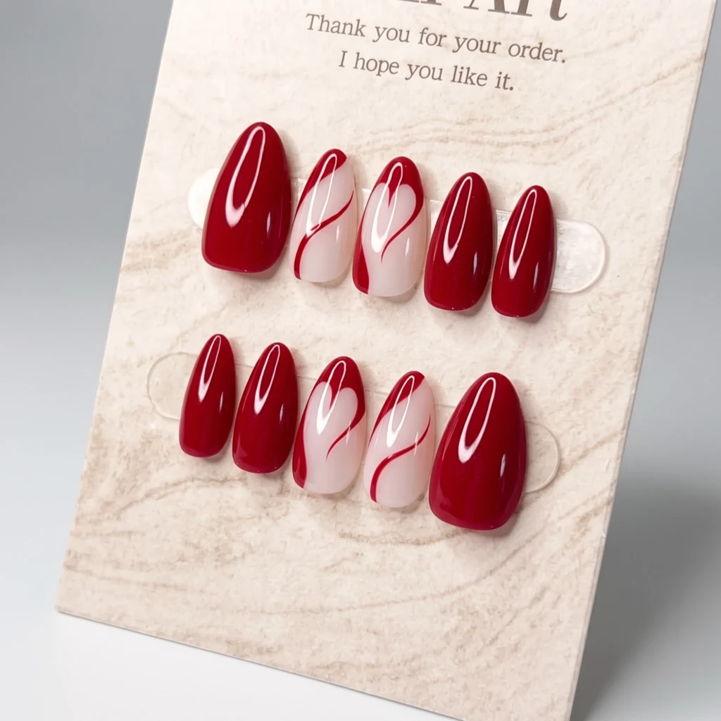 Red Outline Heart Art, Handmade Press On Nails, Romantic Valentine Gift