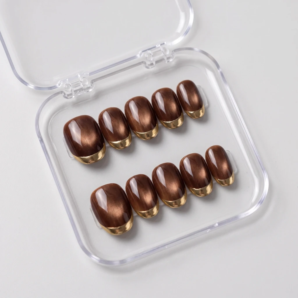 Brown Cat Eye Gold Chrome French Tips, Press On Nails, Autumn Party Wear
