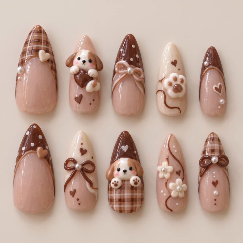 Brown 3D Puppy Plaid Bow Nails, Coquette Press On Nails, Pet Lover Gift