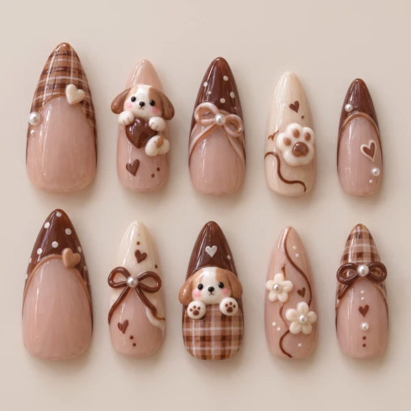 Brown 3D Puppy Plaid Bow Nails, Coquette Press On Nails, Pet Lover Gift