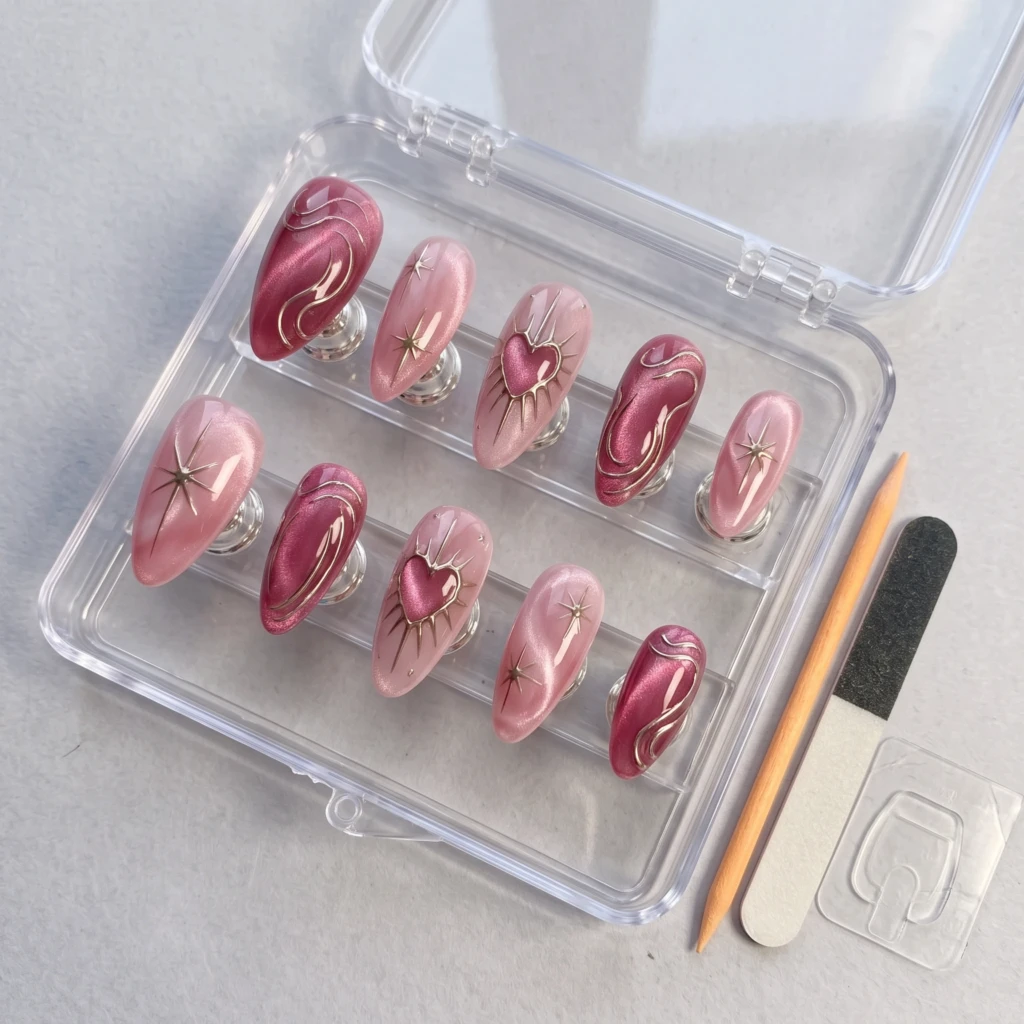 Pink Heart Cat Eye Nails, Coquette Press On Nails, Romantic Glam Manicure