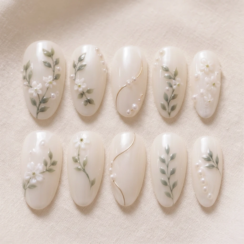 Pearl White Botanical Leaf Floral Art, Press On Nails, Bridal Wedding Look