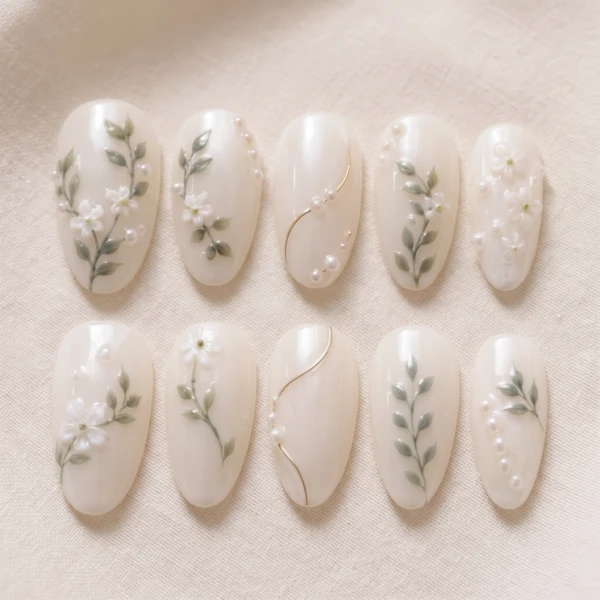 Pearl White Botanical Leaf Floral Art, Press On Nails, Bridal Wedding Look