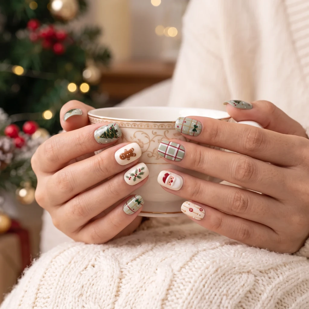 Sage Green Plaid Santa Christmas Tree, Short Press On Nails, Holiday Party