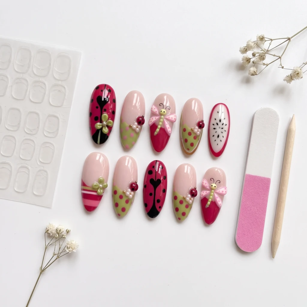Pink Ladybug And Dragonfly, Almond Press On Nails, Summer Picnic Gift Idea