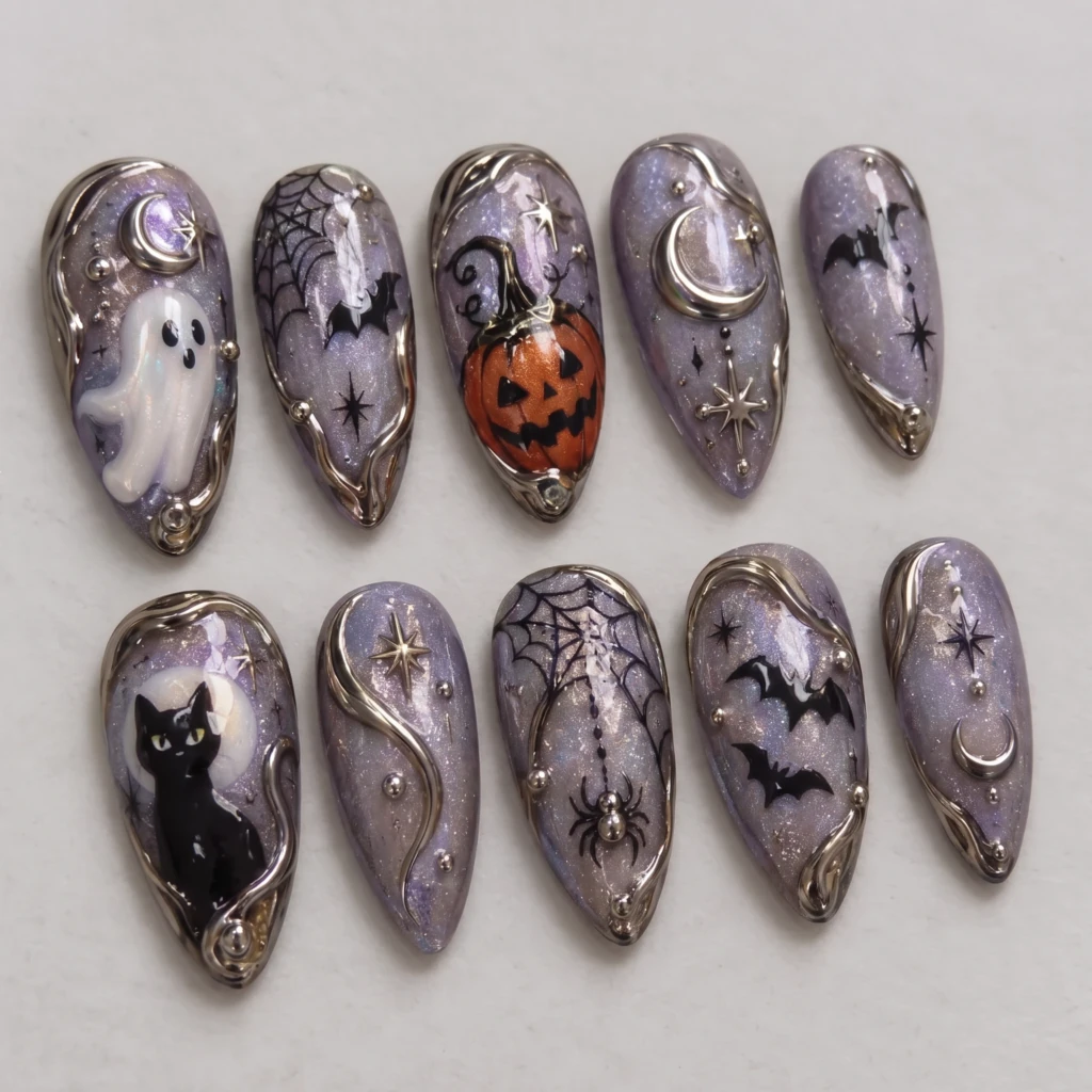 Purple Celestial Chrome Ghost Pumpkin, Stiletto Press On Nails, Halloween Party