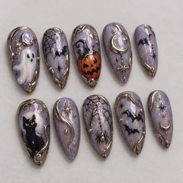 Purple Celestial Chrome Ghost Pumpkin, Stiletto Press On Nails, Halloween Party