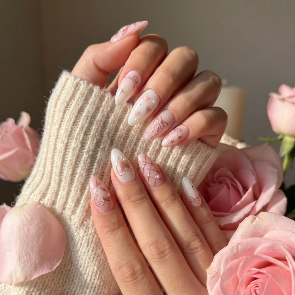 Pink Romantic Ribbon Heart Art, Almond Press On Nails, Valentine’s Day Gift