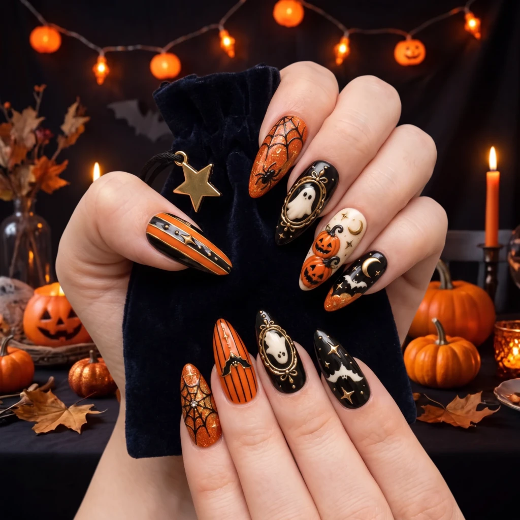 Orange And Black Ghost Pumpkin Art, Press On Nails, Spooky Halloween Party