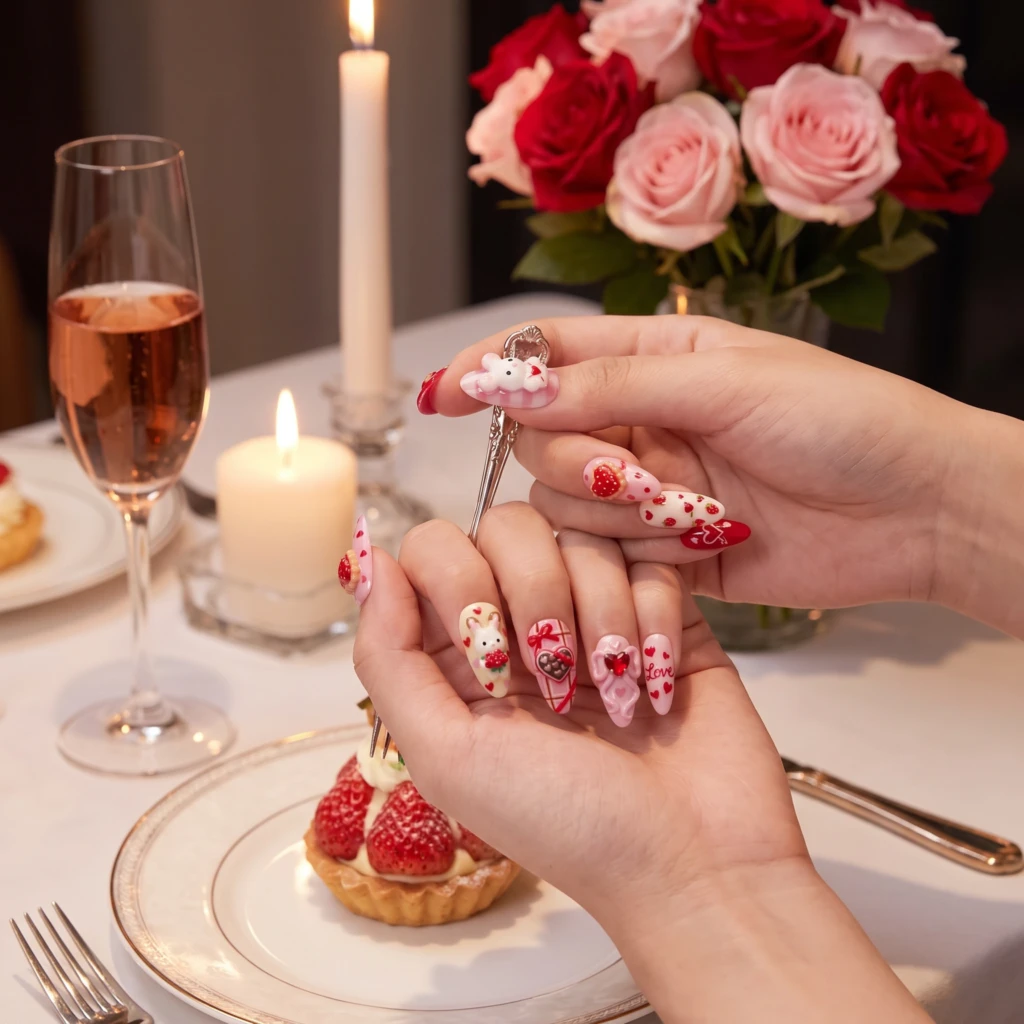 Pink 3D Bunny Chocolate Strawberry, Medium Almond Nails, Valentine Date Night