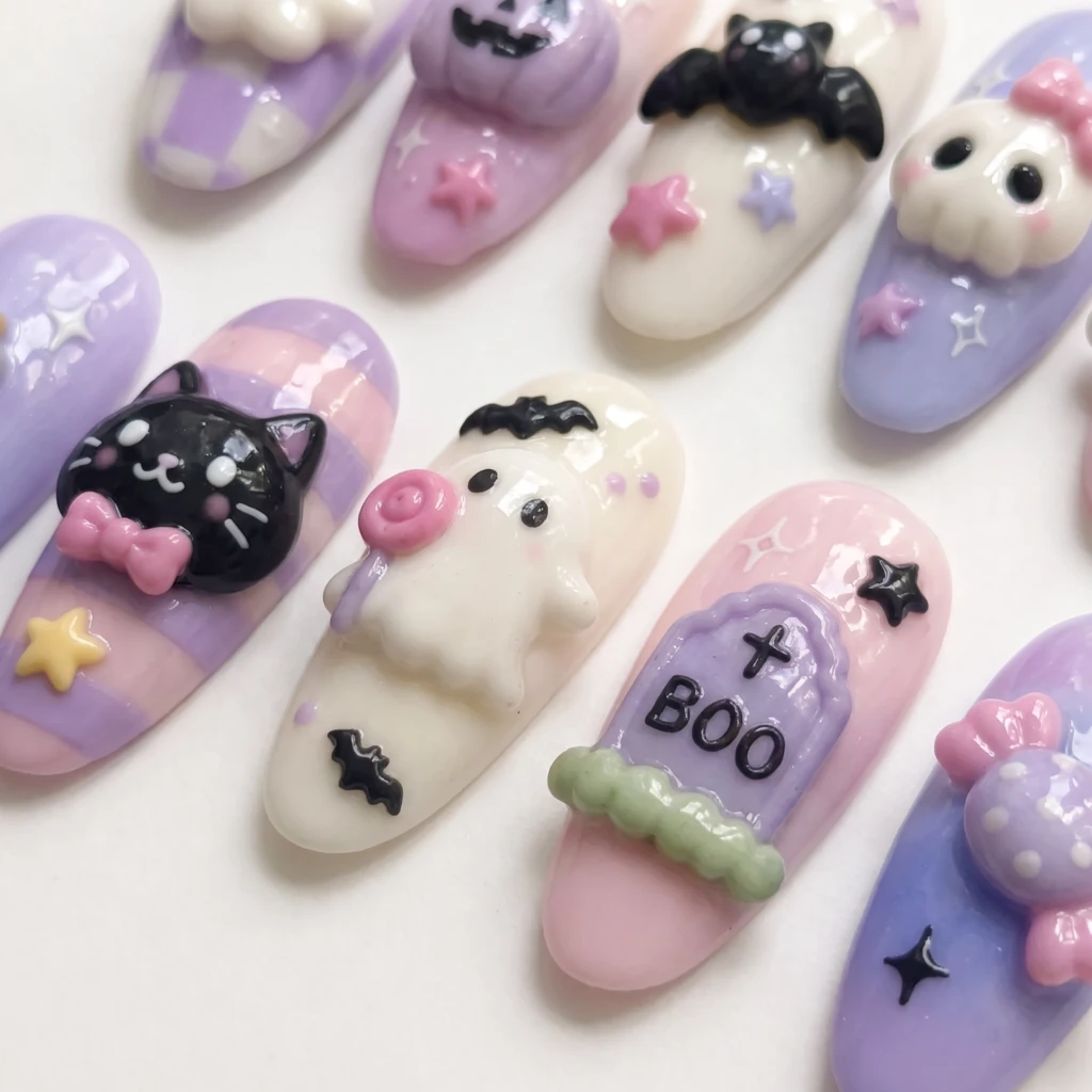 Pastel Purple Ghost Cat Nail Art, Kawaii Press On Nails, Halloween Costume