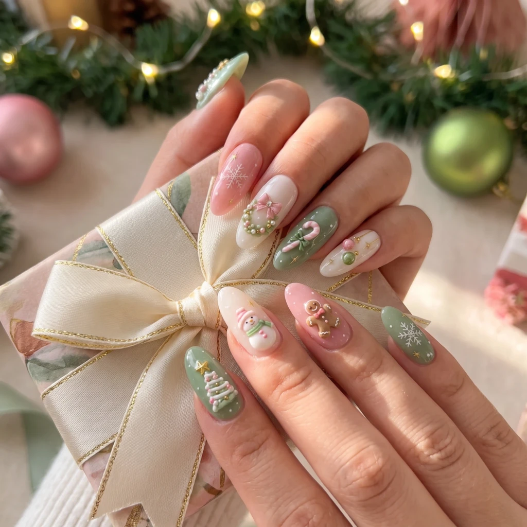 Pastel Pink Green 3D Christmas Art, Almond Press On Nails, Holiday Party Gift