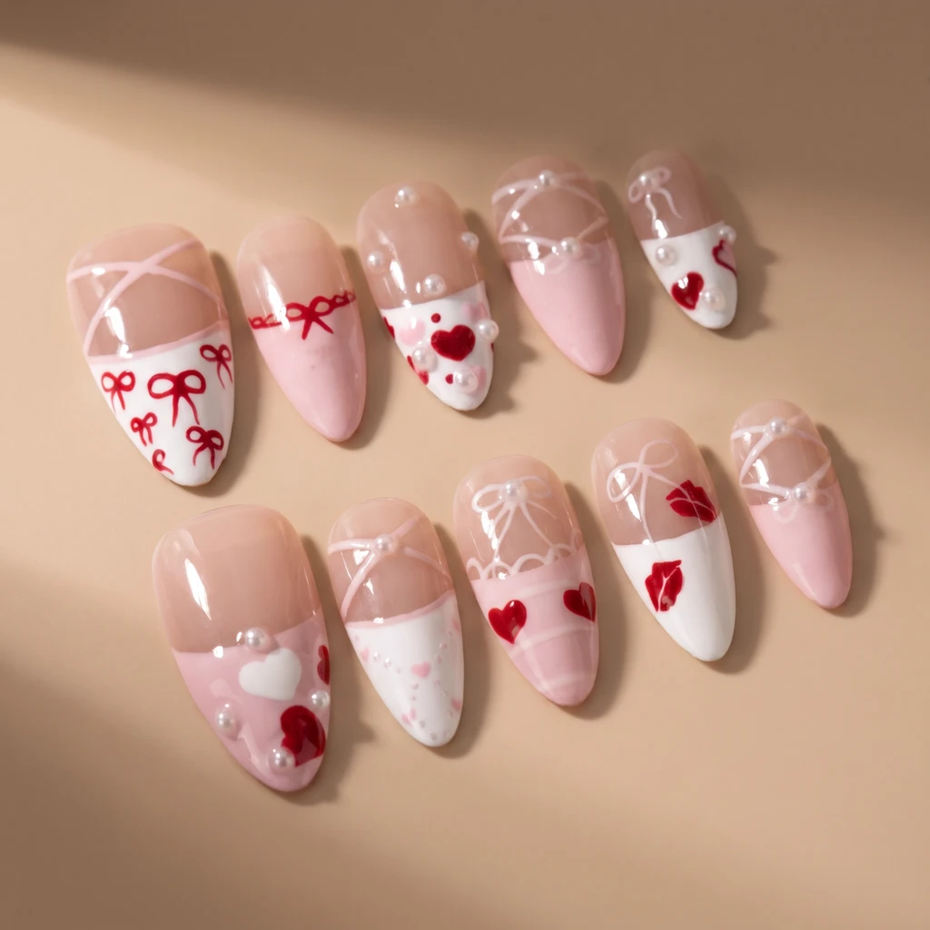 Pink Heart And Ribbon Bow Accent, Almond Press On Nails, Romantic Date Night
