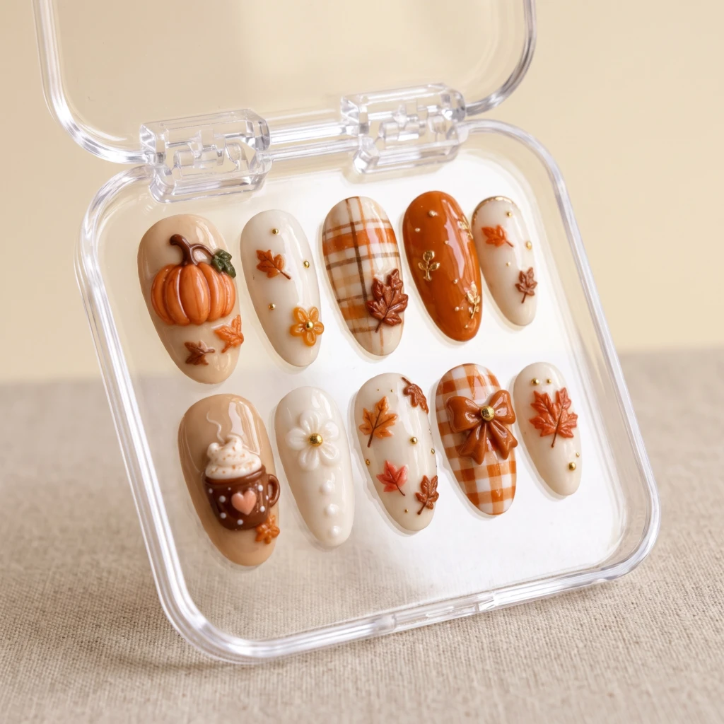 Orange 3D Pumpkin Maple Plaid, Almond Press On Nails, Fall Autumn Manicure