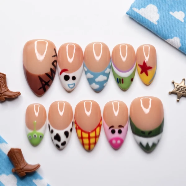 Nude Toy Story Cartoon French Tips, Almond Press On Nails, Theme Park Trip