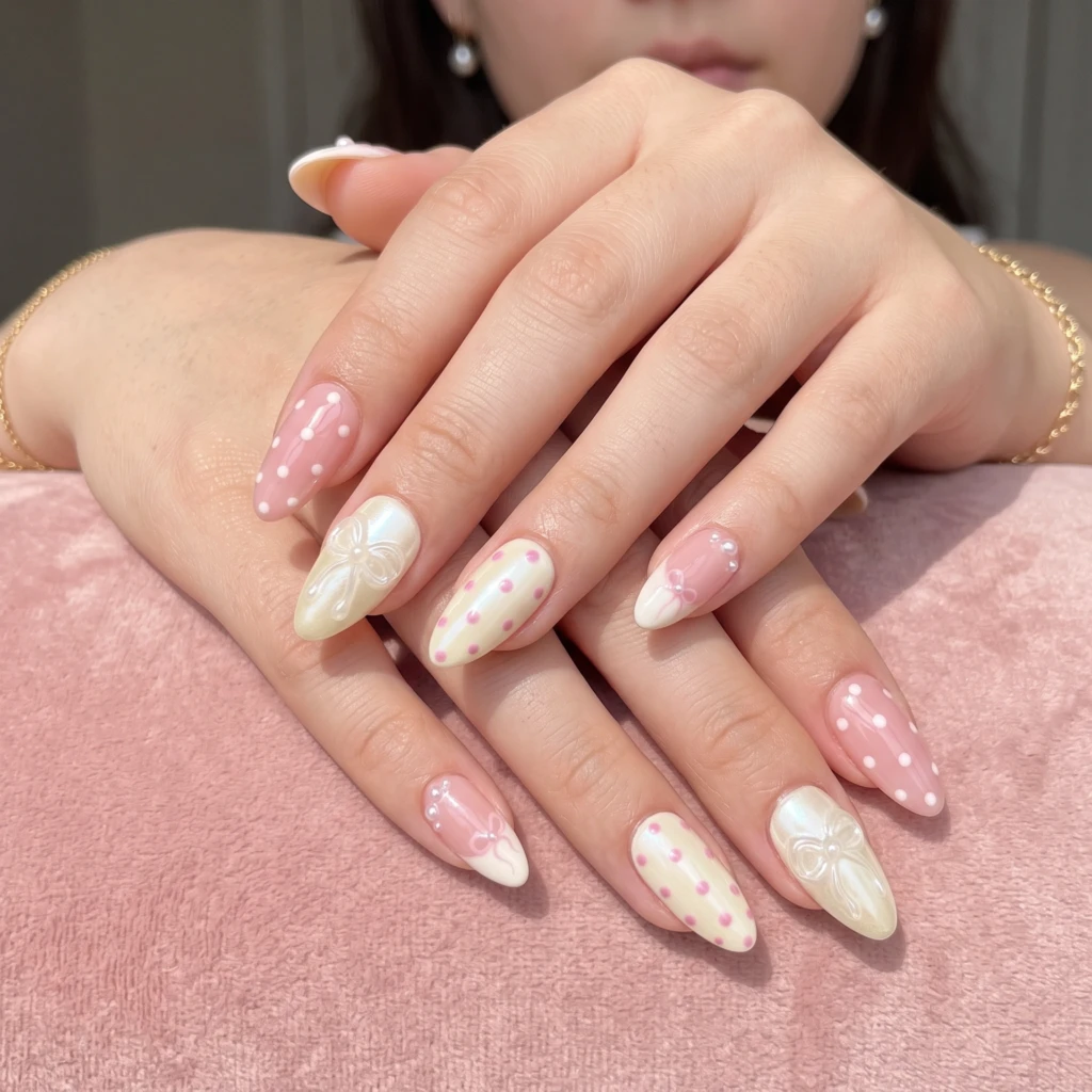Pink 3D Bow And Polka Dot, Medium Almond Press On Nails, Daily Party Wear