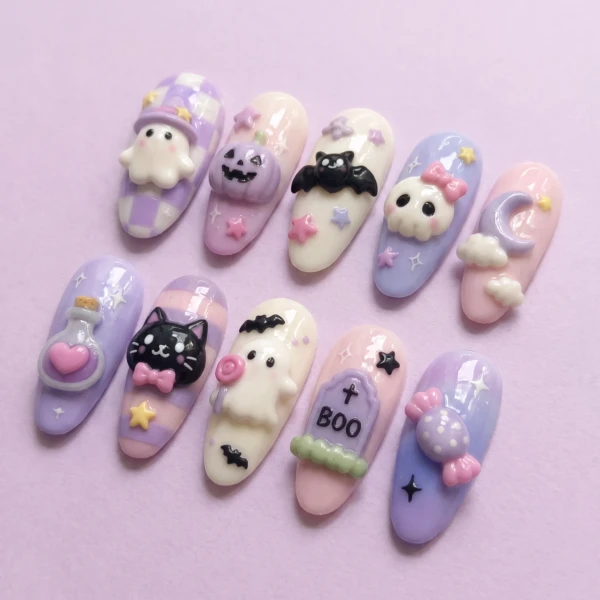 Pastel Purple Ghost Cat Nail Art, Kawaii Press On Nails, Halloween Costume