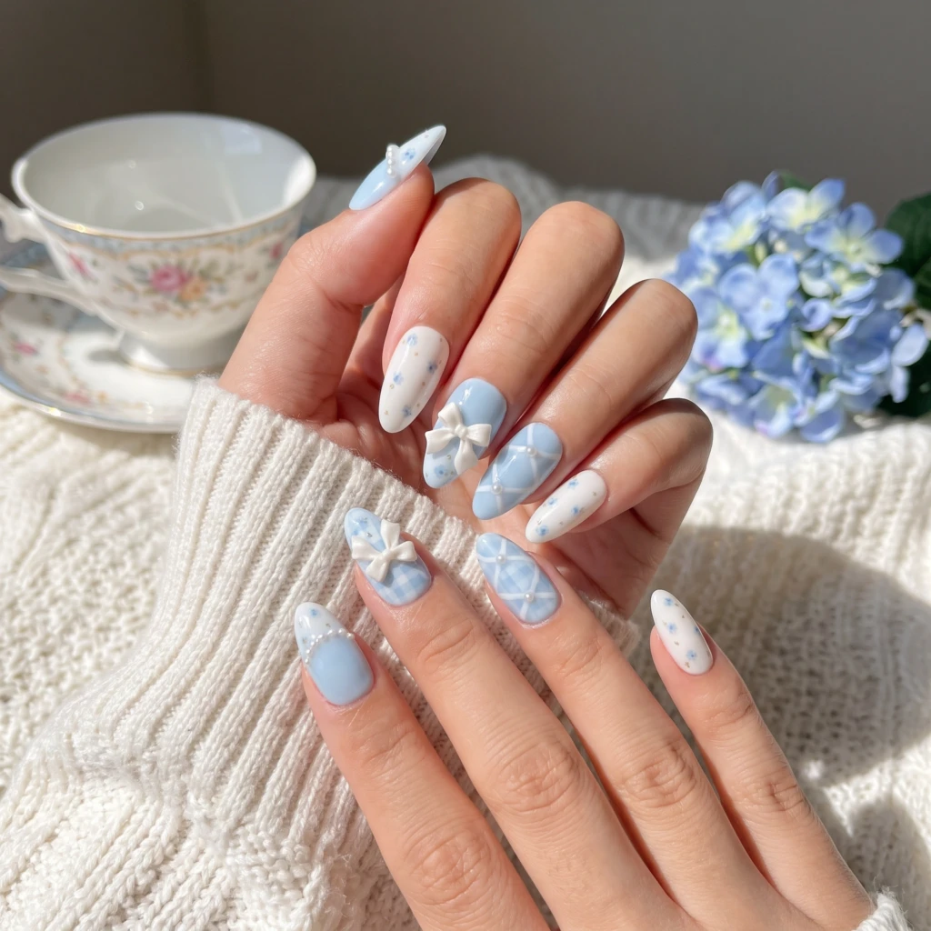 Pastel Blue Bow And Pearl Floral Art, Coquette Press-On Nails, For Daily Wear