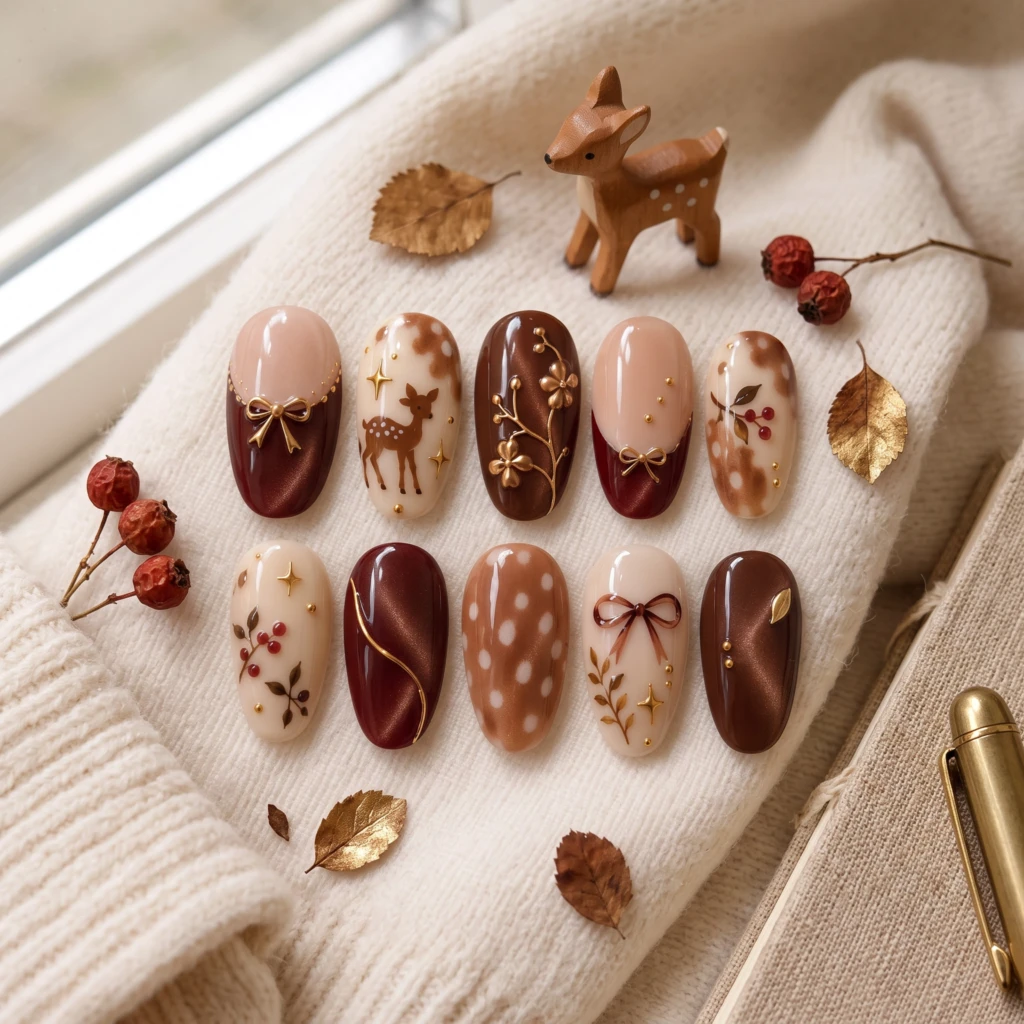 Burgundy Fawn Deer And Bow Art, French Press On Nails, For Cozy Autumn Manicure
