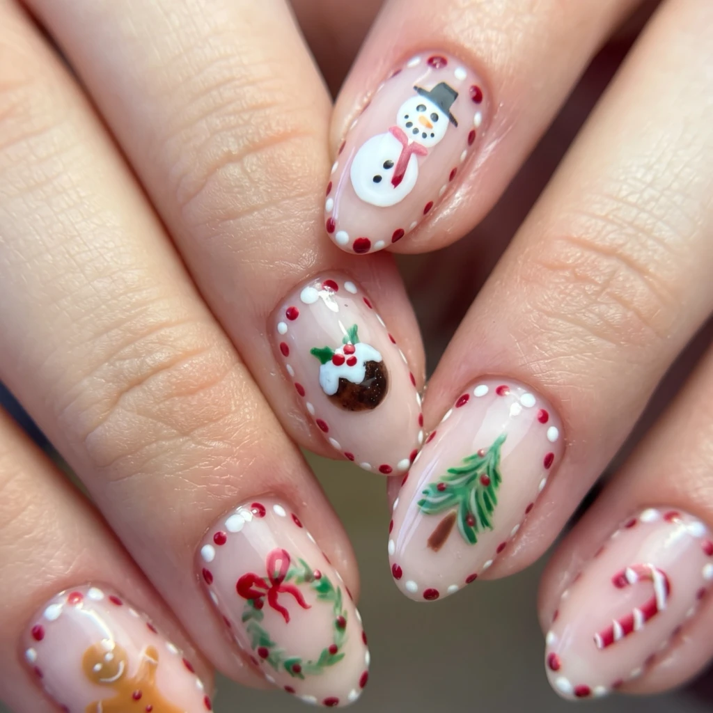 Nude Christmas Dotted Festive Art, Oval Press On Nails, Holiday Party Wear