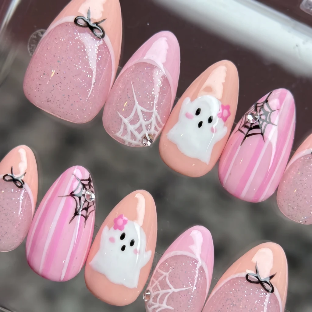 Pink Ghost And Spider Web Prints, Press On Nails, Cute Halloween Manicure