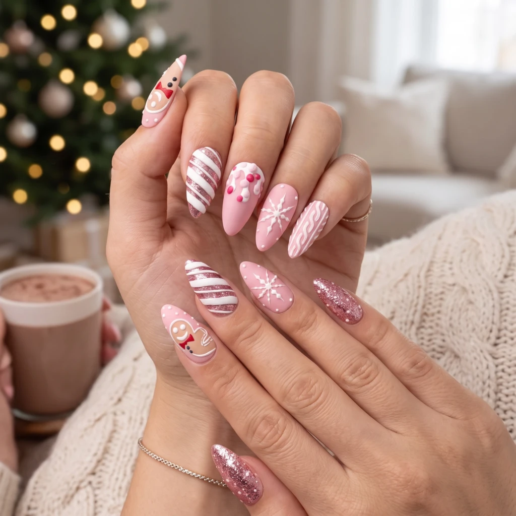 Pink Gingerbread Snowflake Nails, Almond Press On, Christmas Holiday Gift Set