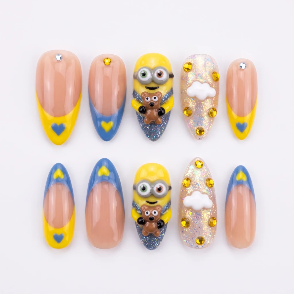 Yellow And Blue 3D Minion Charms, Almond Press On Nails, Summer Holiday Wear