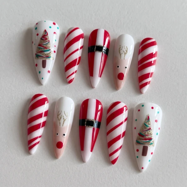 Red White Reindeer Candy Cane, Stiletto Press On Nails, Christmas Holiday Gift