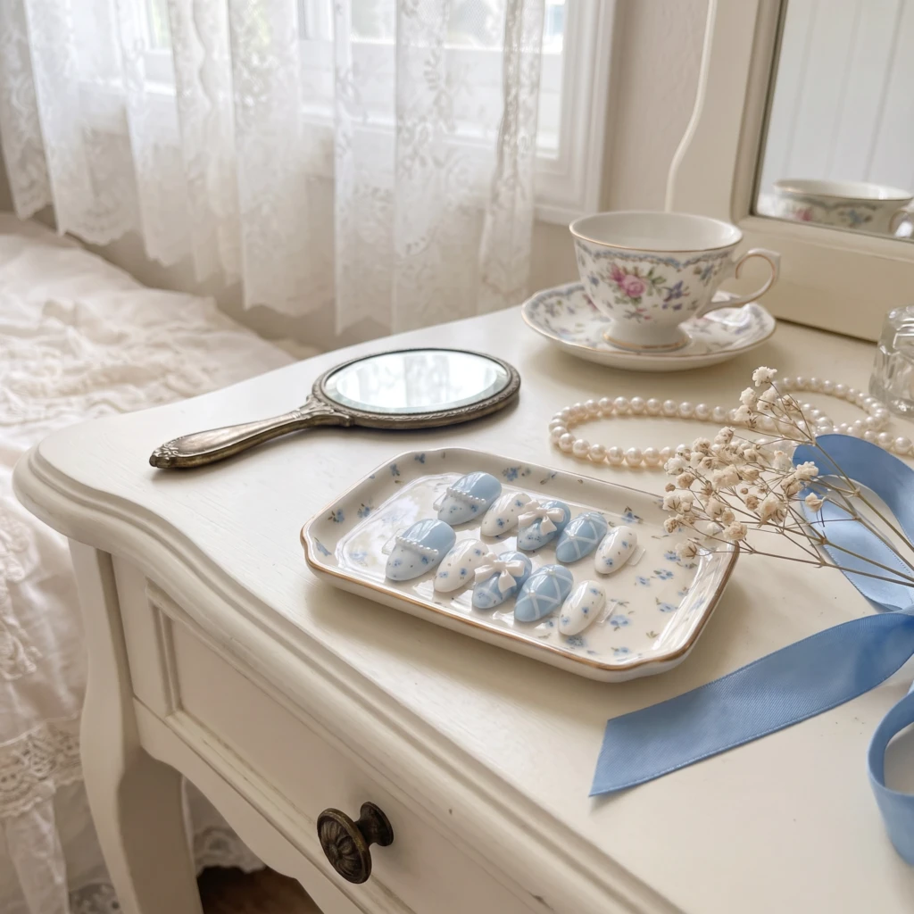 Pastel Blue Bow And Pearl Floral Art, Coquette Press-On Nails, For Daily Wear