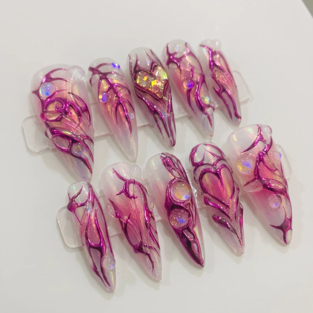 Pink 3D Chrome Heart Tribal Flame, Stiletto Press On Nails, Valentine Gift Idea