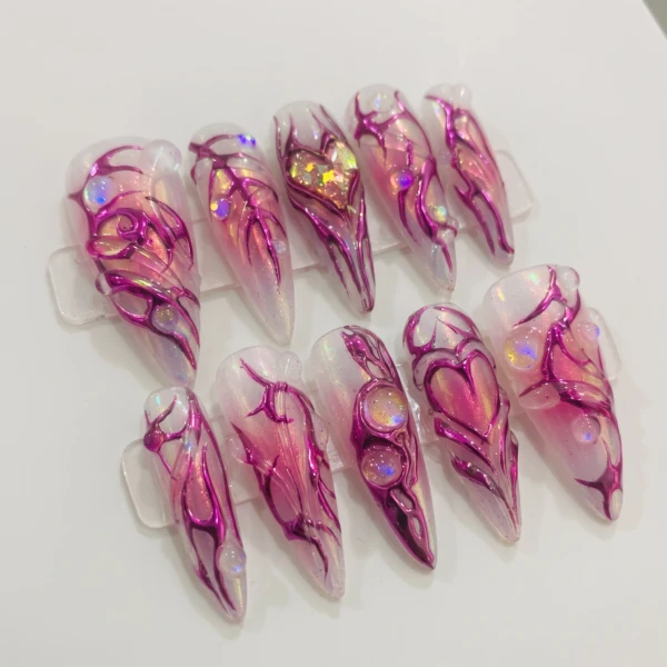 Pink 3D Chrome Heart Tribal Flame, Stiletto Press On Nails, Valentine Gift Idea